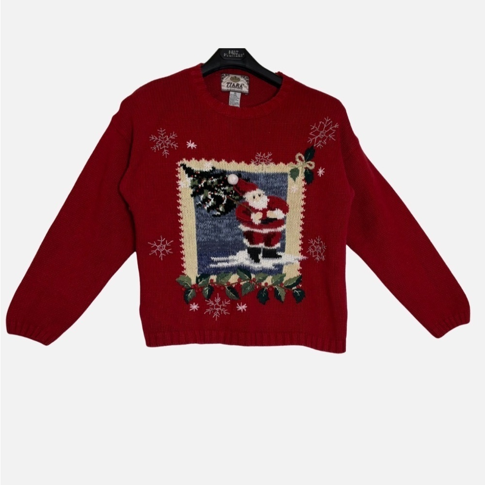 VTG Y2K Knit Christmas Holiday Sweater Santa Tree Holly Cabincore Cottage